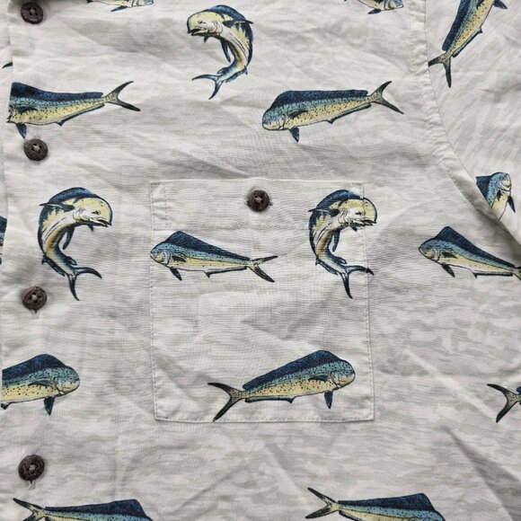 Ocean Coast Shirt Mens Large Beige Button Up Fish Print AOP Rayon Camp Fishing - Picture 3 of 7